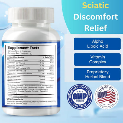 Sciatic Nerve Relief – Advanced Support, 120 Capsules, USA Made, Unflavored