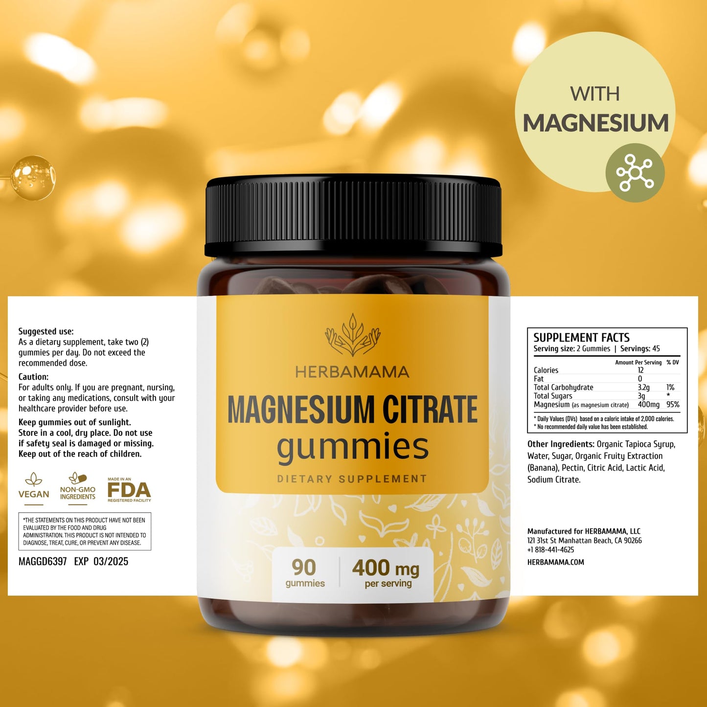 Herbamama Calm Magnesium Gummies - 400mg | Vegan & Non-GMO | Banana Flavor