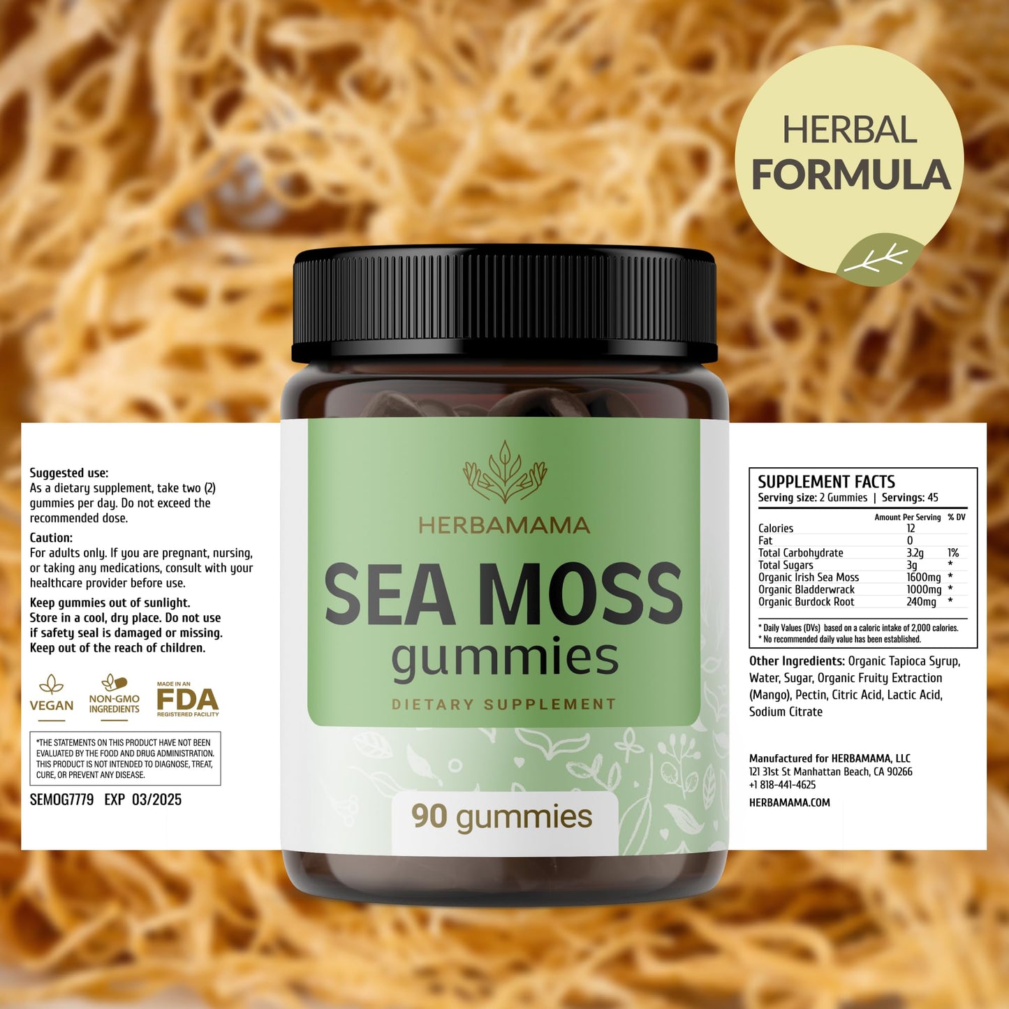 Herbamama Irish Sea Moss Gummies – 1600mg with Bladderwrack & Burdock Root | Vegan, Non-GMO