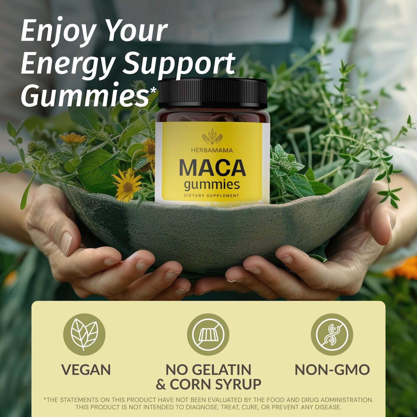 HERBAMAMA Maca Root Gummies - 1800mg Energy Support, Vegan & Non-GMO (Pack of 2)