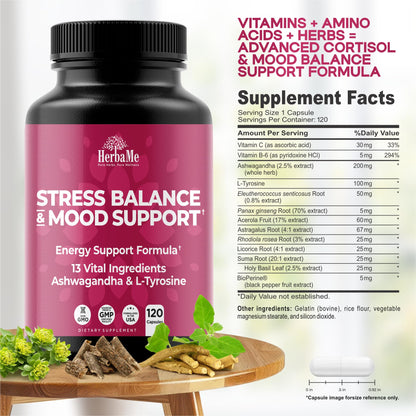 HerbaMe Cortisol Manager – Mood Balance & Energy Support, 120 Capsules
