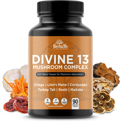 HerbaMe Mushroom Extract Complex with Black Pepper – Nootropic Brain Support & Immune Health | 90 Capsules