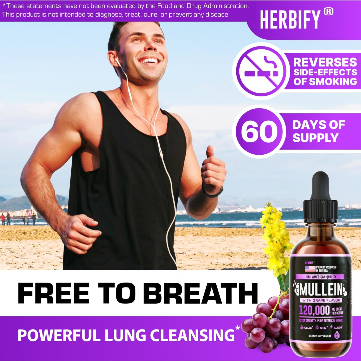 HERBIFY Mullein Drops – Lung Support & Immune Support, Made in USA, 4 Oz Grape Flavor