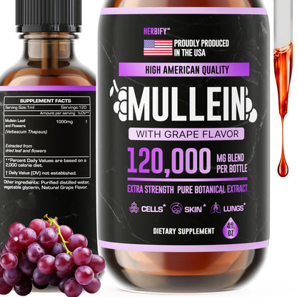 HERBIFY Mullein Drops – Lung Support & Immune Support, Made in USA, 4 Oz Grape Flavor
