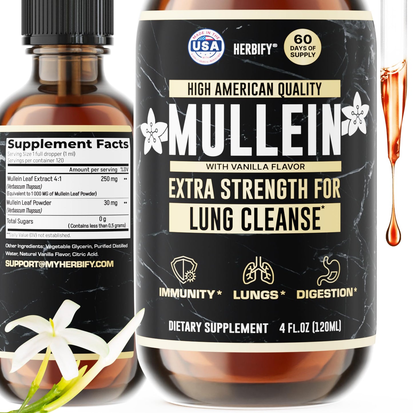 HERBIFY Mullein Drops – Lung Cleansing, Respiratory Support, Vanilla Flavor | Made in USA | 4 oz