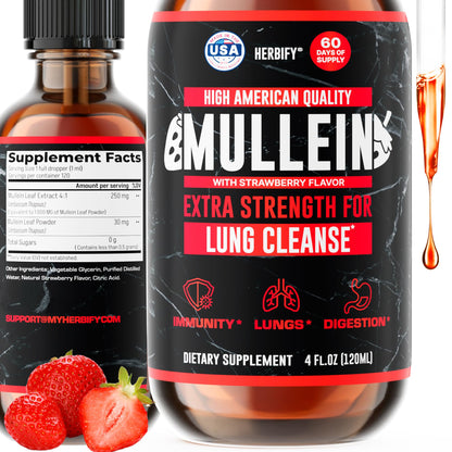 HERBIFY Mullein Drops - Lung Cleanse & Respiratory Support - Strawberry Flavor, 4 oz - Made in USA