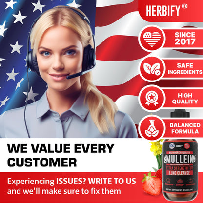 HERBIFY Mullein Drops - Lung Cleanse & Respiratory Support - Strawberry Flavor, 4 oz - Made in USA