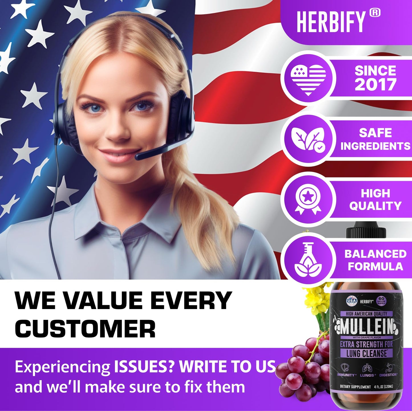 HERBIFY Mullein Drops – Lung Support & Immune Support, Made in USA, 4 Oz Grape Flavor