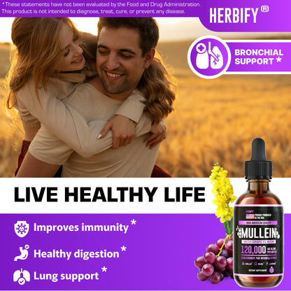 HERBIFY Mullein Drops – Lung Support & Immune Support, Made in USA, 4 Oz Grape Flavor
