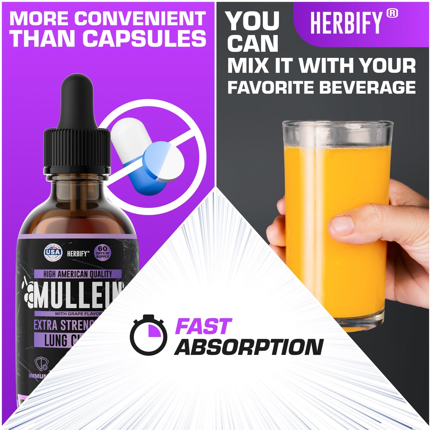 HERBIFY Mullein Drops – Lung Support & Immune Support, Made in USA, 4 Oz Grape Flavor