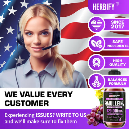 HERBIFY Mullein Drops – Lung Support & Immune Support, Made in USA, 4 Oz Grape Flavor