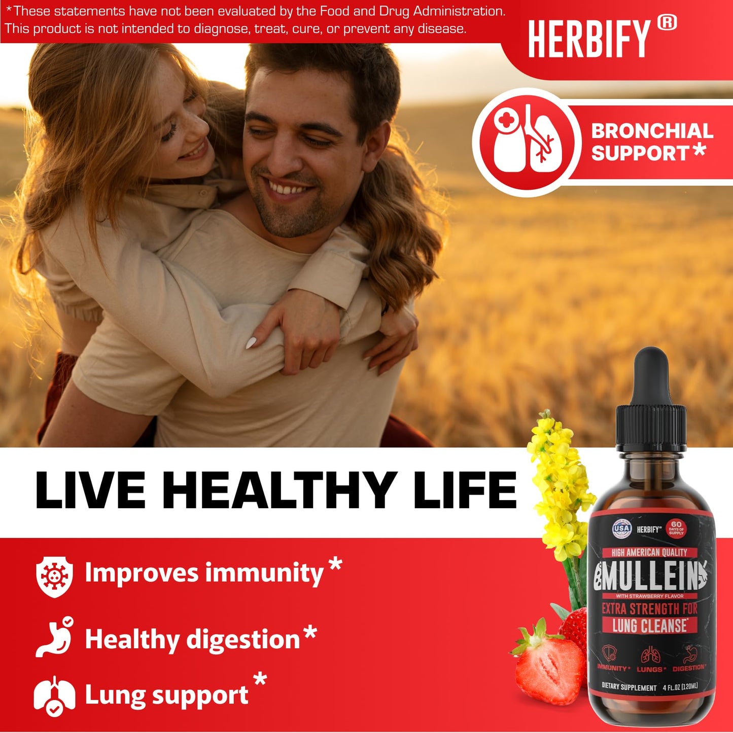 HERBIFY Mullein Drops - Lung Cleanse & Respiratory Support - Strawberry Flavor, 4 oz - Made in USA
