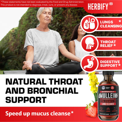 HERBIFY Mullein Drops - Lung Cleanse & Respiratory Support - Strawberry Flavor, 4 oz - Made in USA