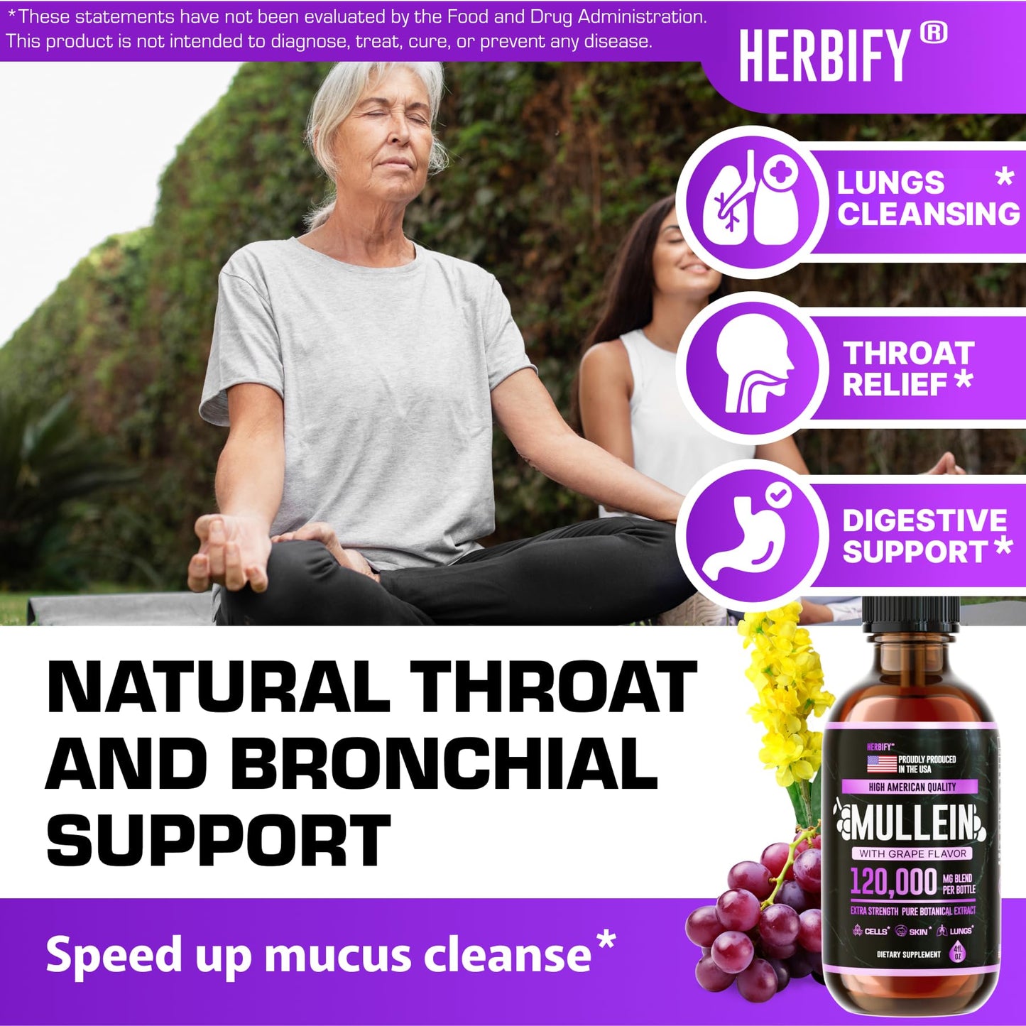 HERBIFY Mullein Drops – Lung Support & Immune Support, Made in USA, 4 Oz Grape Flavor