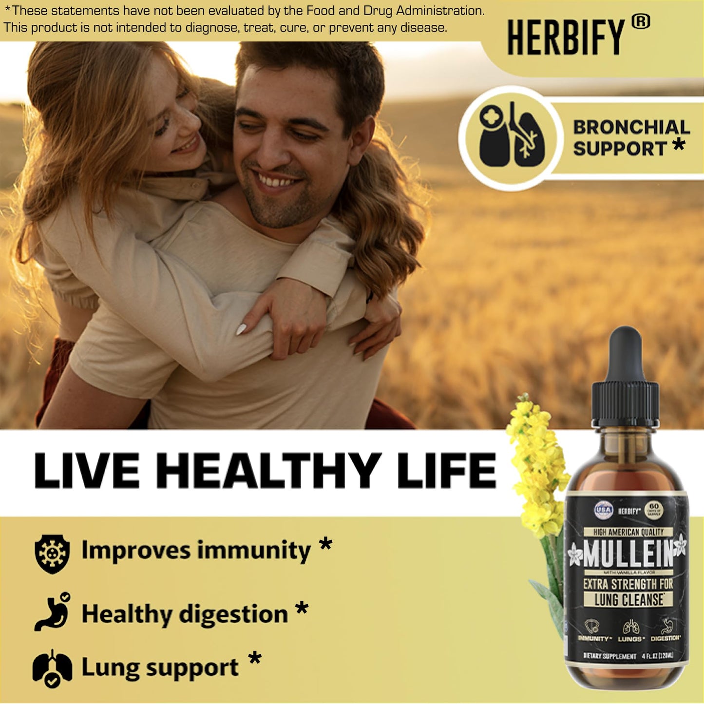 HERBIFY Mullein Drops – Lung Cleansing, Respiratory Support, Vanilla Flavor | Made in USA | 4 oz