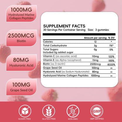 Herbovella Marine Collagen Gummies for Women | 1000mg Type I Collagen, Biotin & Hyaluronic Acid