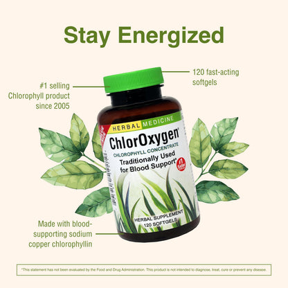Herbs Etc. ChlorOxygen Chlorophyll Concentrate – Blood Circulation & Altitude Support | 120 Softgels (2 Pack)