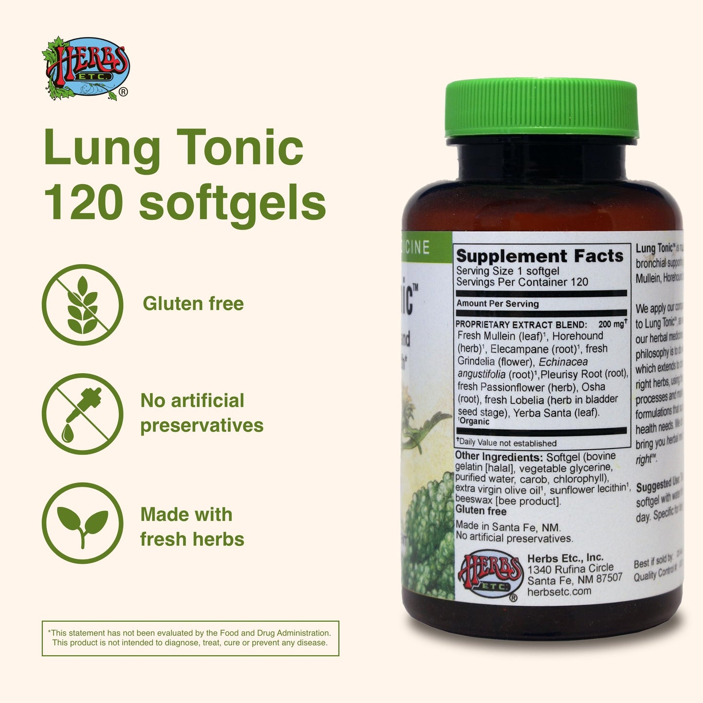 Herbs Etc. Lung Tonic - Bronchial Support for Healthy Breathing | 120 Softgels