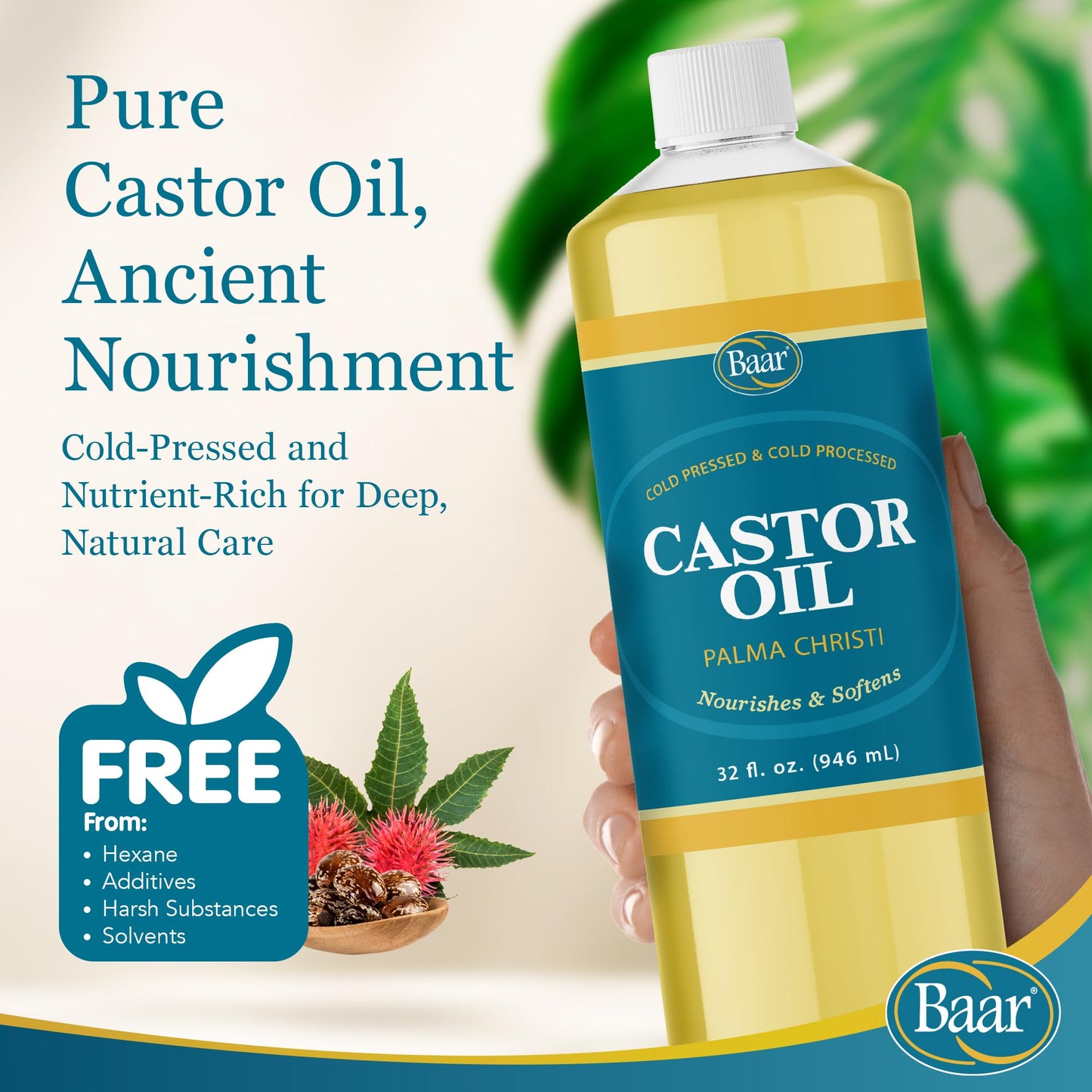 Baar Cold-Pressed Castor Oil 32 oz – Hexane-Free & BPA-Free Bottle