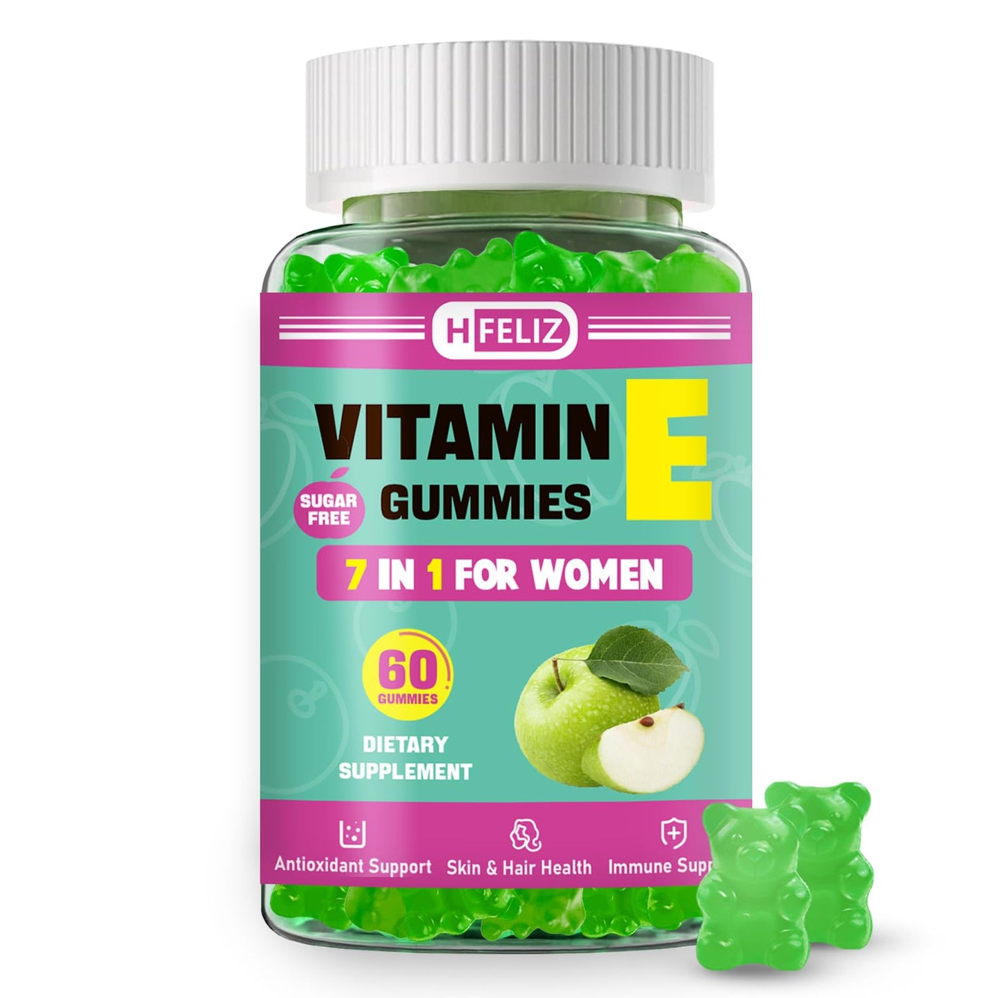 HFELIZ Vitamin E Gummies 400 IU for Women – 7-in-1 Skin, Nail, Hair & Antioxidant Support – 60 Ct