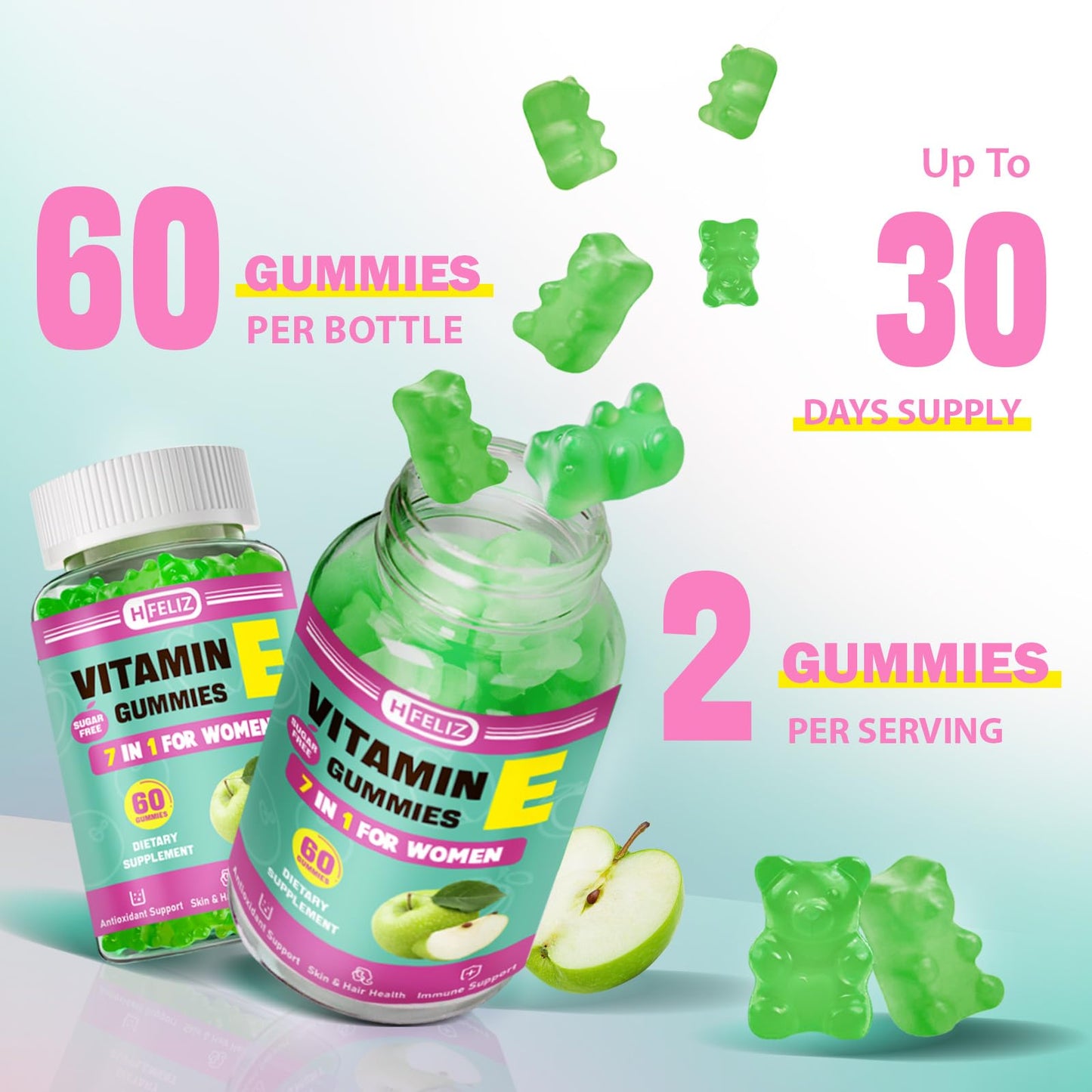 HFELIZ Vitamin E Gummies 400 IU for Women – 7-in-1 Skin, Nail, Hair & Antioxidant Support – 60 Ct