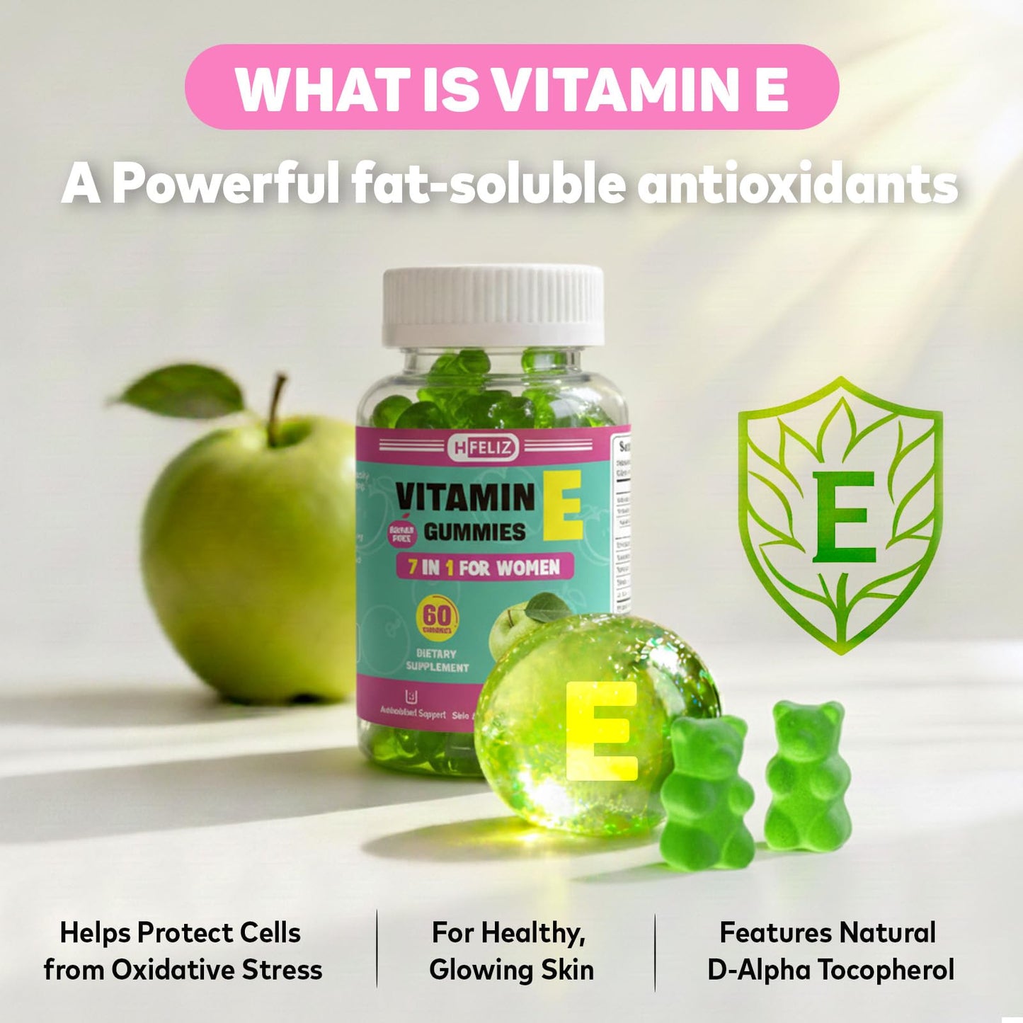 HFELIZ Vitamin E Gummies 400 IU for Women – 7-in-1 Skin, Nail, Hair & Antioxidant Support – 60 Ct