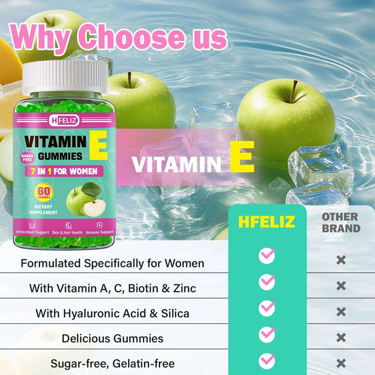 HFELIZ Vitamin E Gummies 400 IU for Women – 7-in-1 Skin, Nail, Hair & Antioxidant Support – 60 Ct