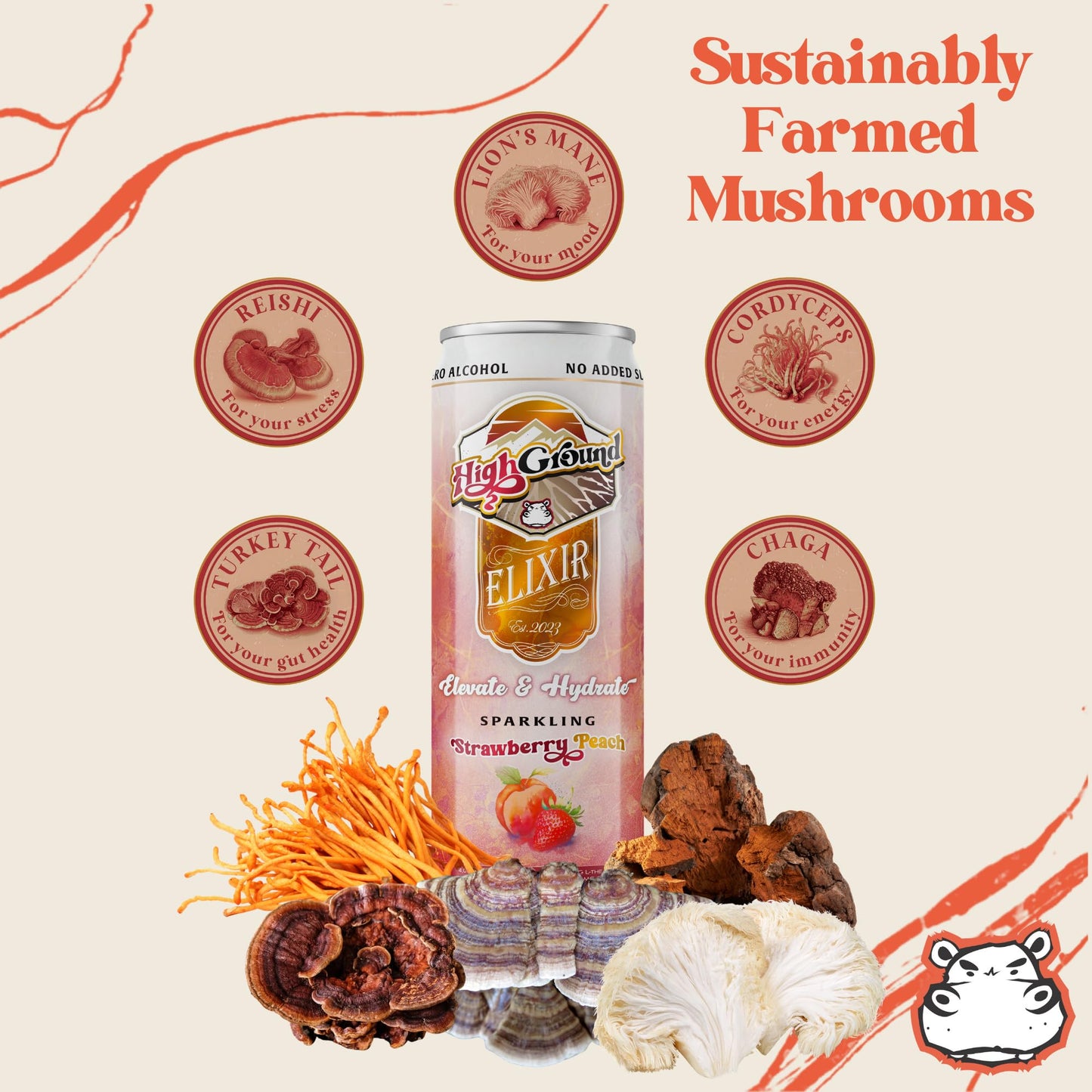 High Ground Elixir Mushroom Seltzer - Strawberry Peach | Low Cal, No Added Sugar | 12oz Cans (12 Pack)