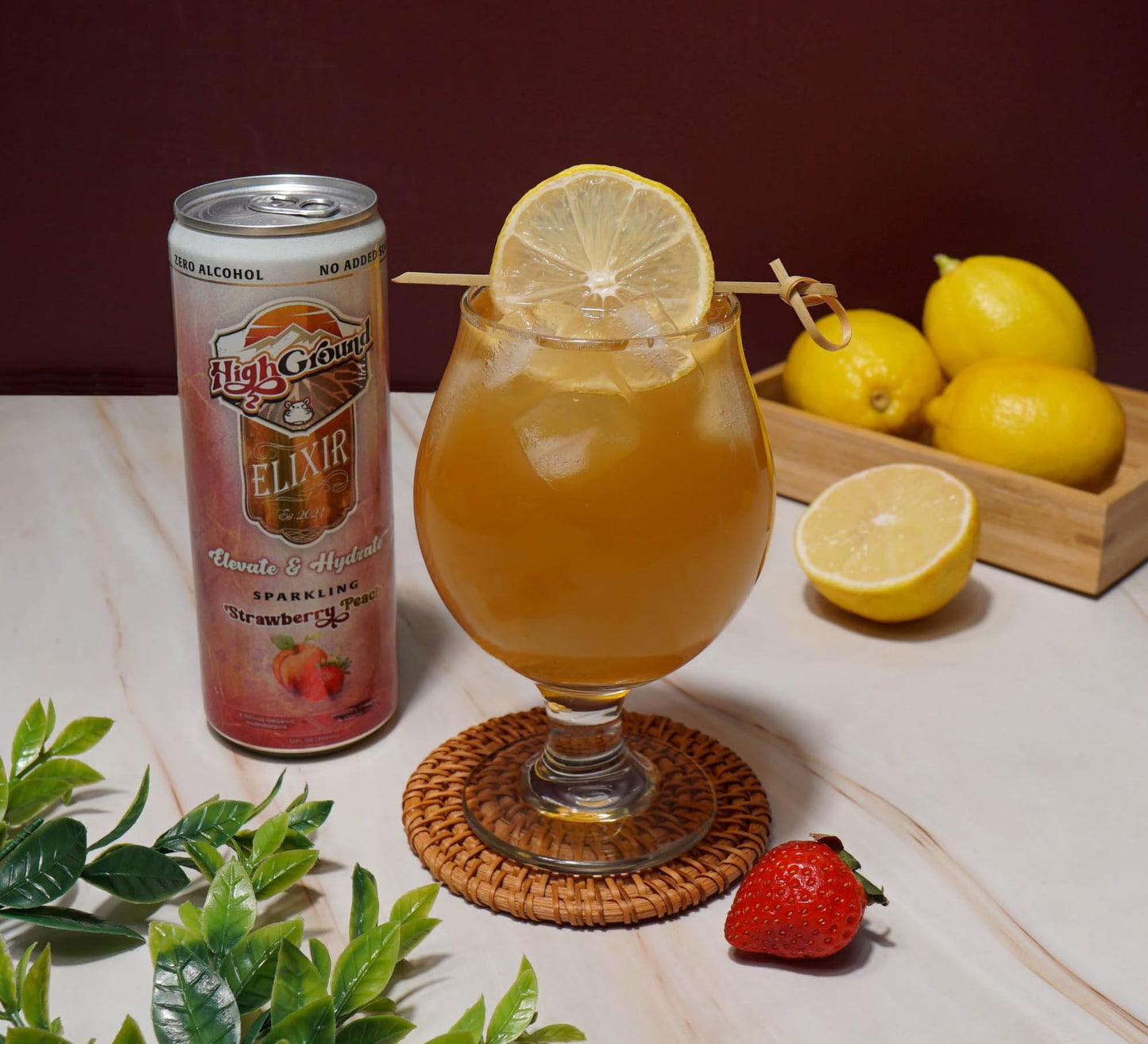 High Ground Elixir Mushroom Seltzer - Strawberry Peach | Low Cal, No Added Sugar | 12oz Cans (12 Pack)