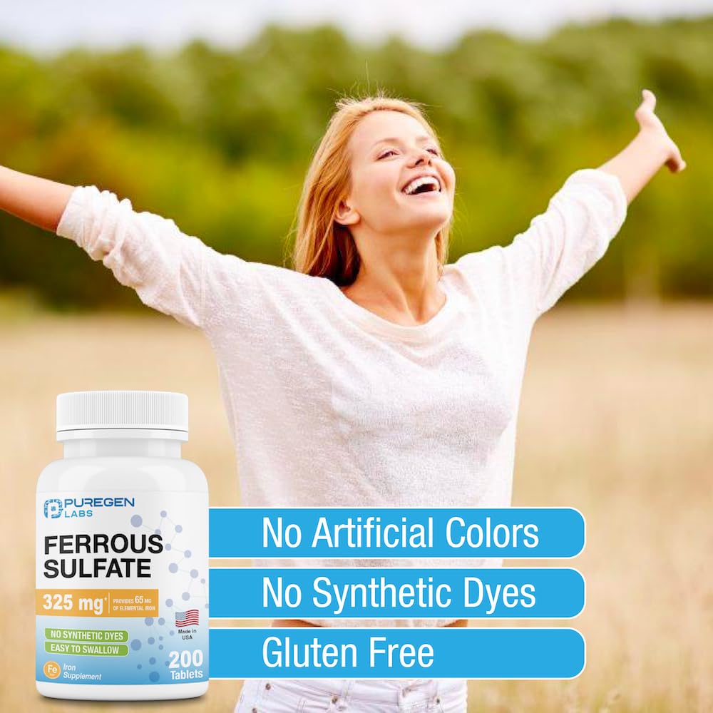 Puregen Labs Ferrous Sulfate 325 mg | 65 mg Elemental Iron | Made in USA