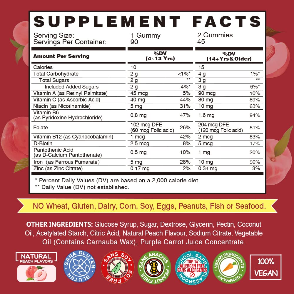VEGEPOWER Iron Gummies – Vegan Iron Multivitamin for Women & Kids, Peach Flavor (3 Packs)