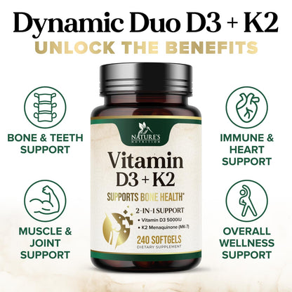 Vitamin D3 K2 5000 IU Plus MK-7 100 mcg – Bone, Immune & Heart Health | 120 Softgels