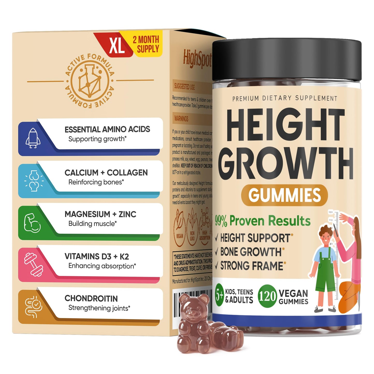 HighSpot Height Growth Gummies – Calcium 100mg, Vitamin K2 D3 25mcg, Magnesium Glycinate, Zinc