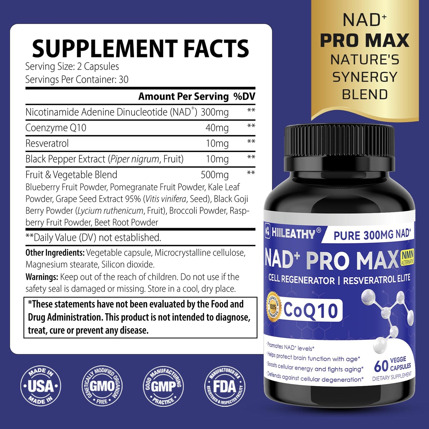 HIILEATHY NAD+ Supplement with Resveratrol & CoQ10 — 60 Capsules (American-Made)