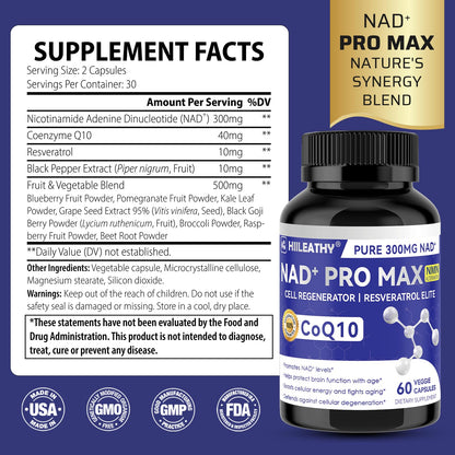 HIILEATHY NAD+ Supplement with Resveratrol & CoQ10 — 60 Capsules (American-Made)