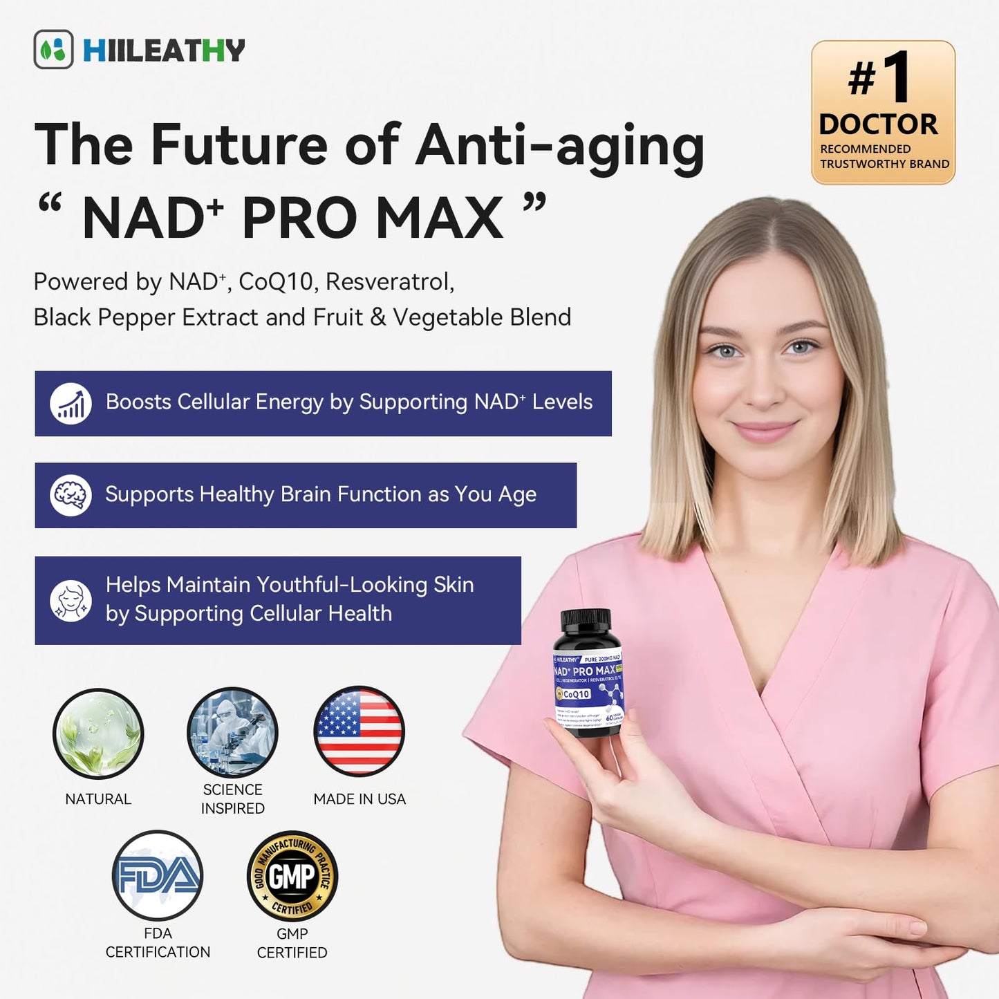 HIILEATHY NAD+ Supplement with Resveratrol & CoQ10 — 60 Capsules (American-Made)