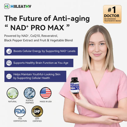 HIILEATHY NAD+ Supplement with Resveratrol & CoQ10 — 60 Capsules (American-Made)