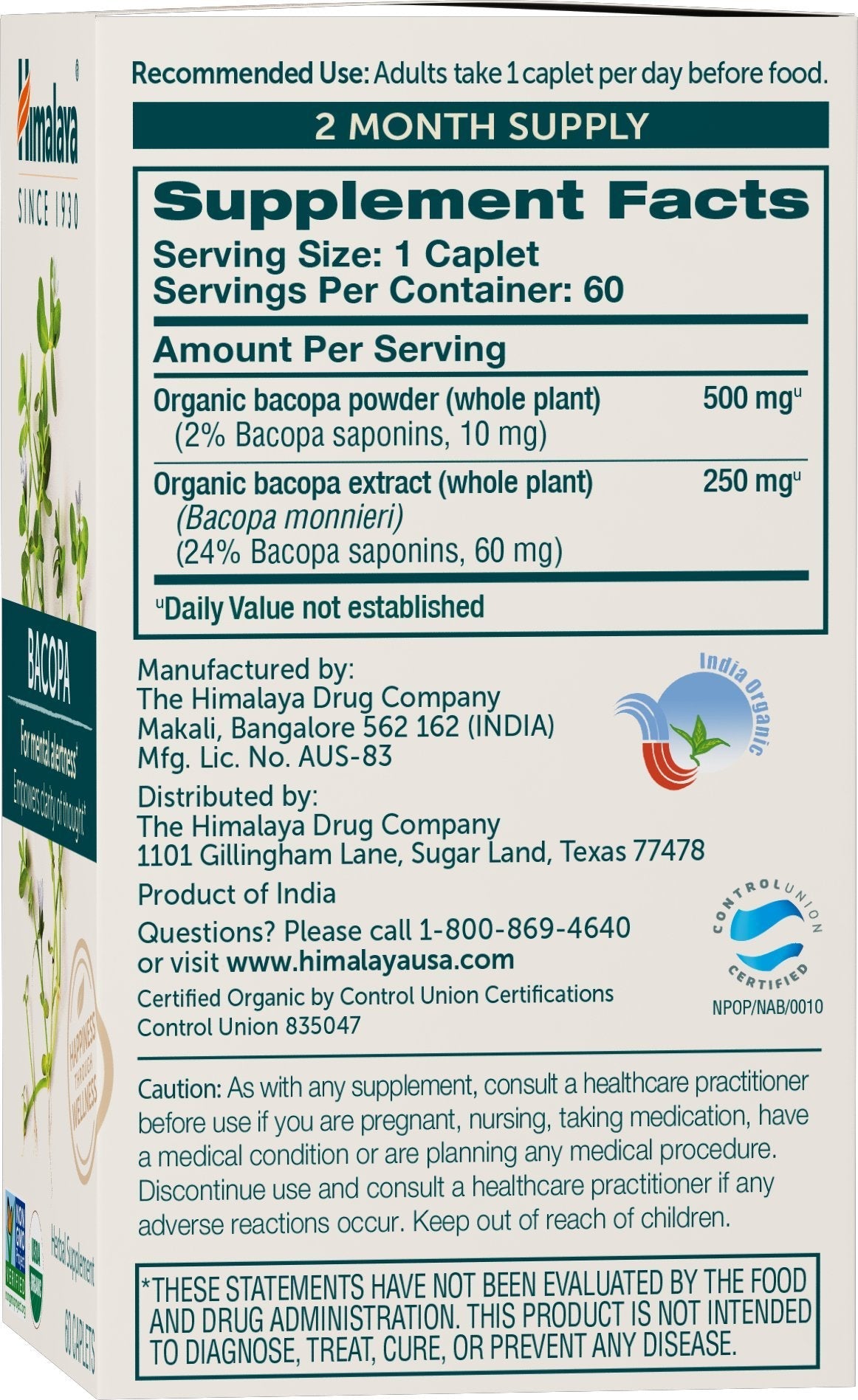 Himalaya Bacopa Monnieri Nootropic – Organic Mind Support, 750 mg, 60 Caplets