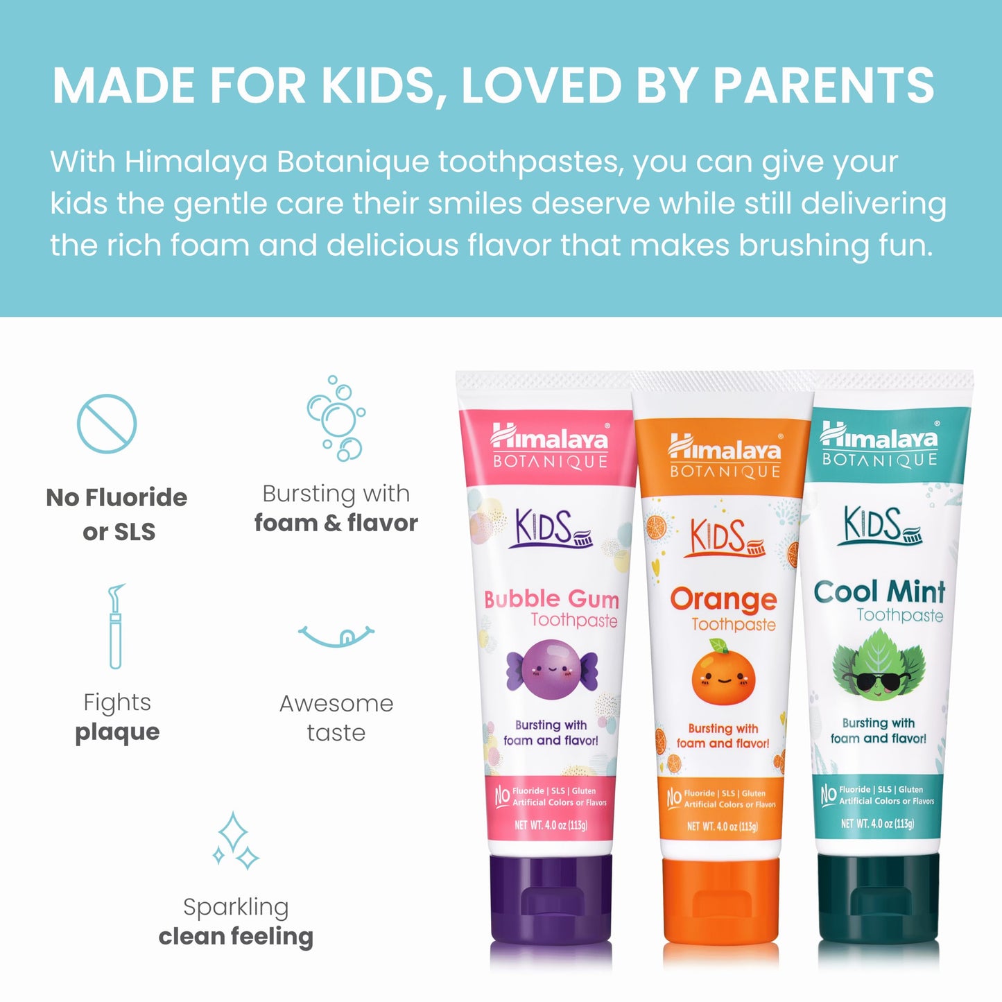 Himalaya Botanique Kids Toothpaste with Xylitol - Variety Pack (Bubble Gum, Orange & Cool Mint) Fluoride Free, Vegan, Gluten Free | 4 oz Pack of 3