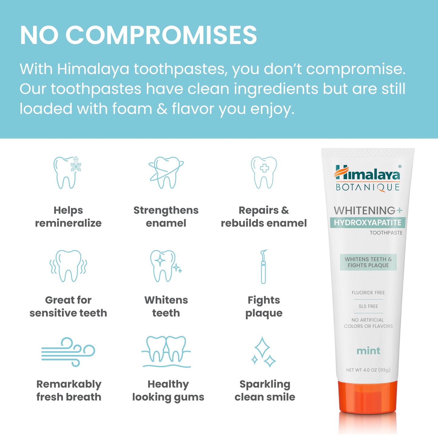 Himalaya Botanique Whitening + Hydroxyapatite Toothpaste, Mint Flavor - Nano Hydroxyapatite to Support Remineralization and Restore Enamel to Strengthen Teeth - Vegan, Gluten Free, 4 oz (Pack of 4)