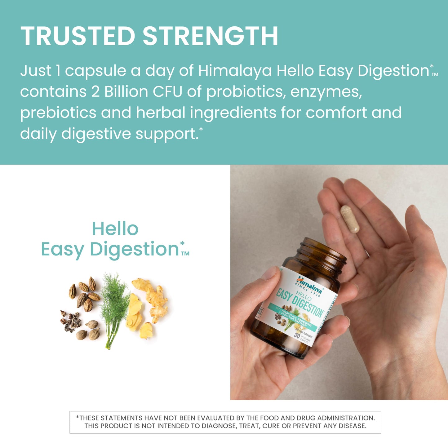 Himalaya Hello Easy Digestion - Digestive Enzymes, 2 Billion CFU Probiotics + Prebiotics, Ginger, Fennel & Triphala, 30 Veg Capsules