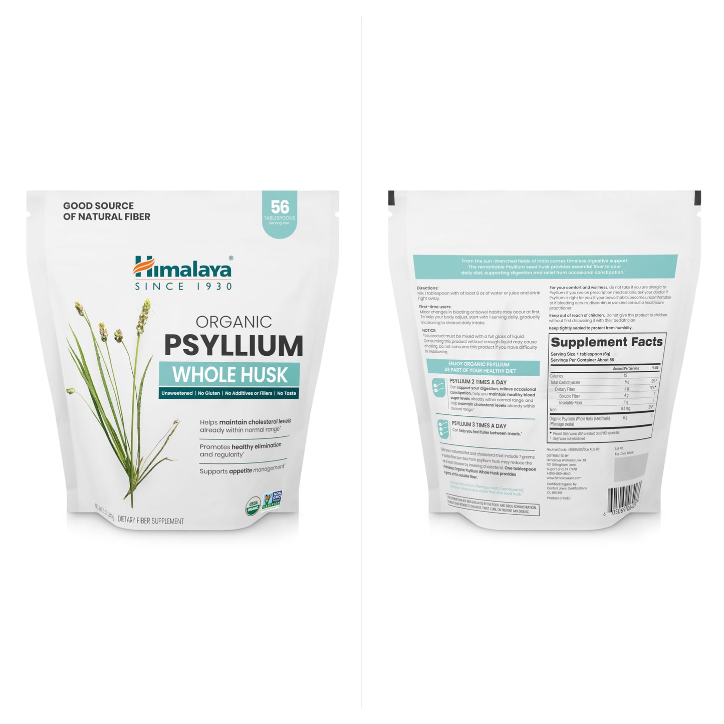 Himalaya Organic Psyllium Whole Husk – 2-Pack, 56 Tbsp, Unflavored, USDA Organic, Non-GMO Fiber Supplement