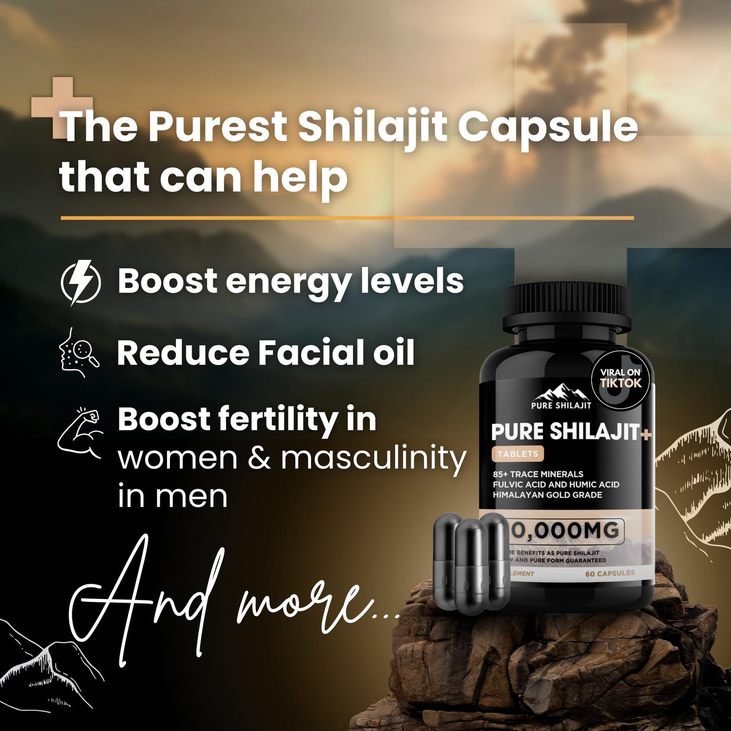 Pure Shilajit Capsules | Maximum Potency Organic Himalayan Resin – 60 Tablets