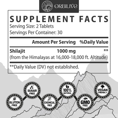 ORBILIVE Shilajit Tablets 1000 MG — Himalayan Organic, 180 Count