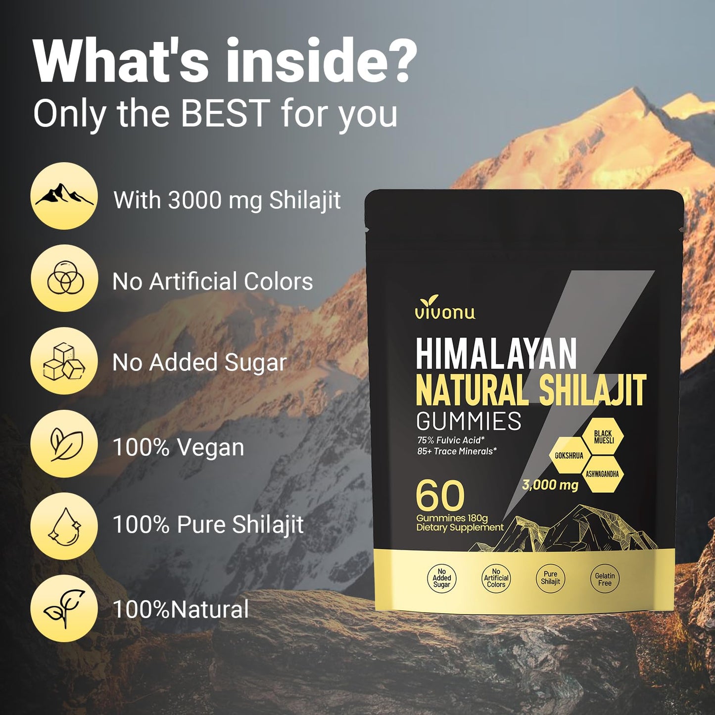 VivoNu Himalayan Shilajit Gummies: Ashwagandha & Gokshura | Organic, Non-GMO