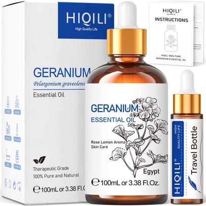 HIQILI 100ML Geranium Essential Oil – Pure & Natural for Skin, Diffuser & Candle | 3.38 Fl Oz
