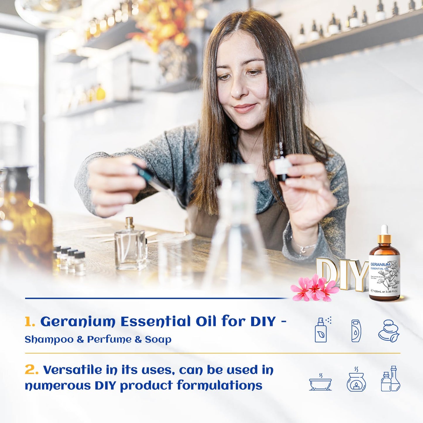 HIQILI 100ML Geranium Essential Oil – Pure & Natural for Skin, Diffuser & Candle | 3.38 Fl Oz