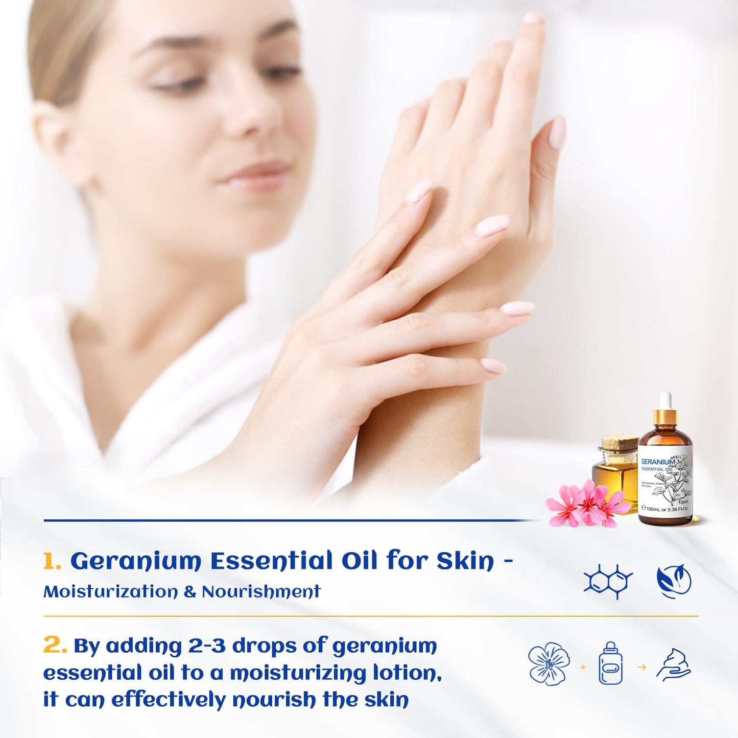 HIQILI 100ML Geranium Essential Oil – Pure & Natural for Skin, Diffuser & Candle | 3.38 Fl Oz