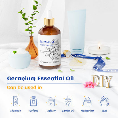 HIQILI 100ML Geranium Essential Oil – Pure & Natural for Skin, Diffuser & Candle | 3.38 Fl Oz