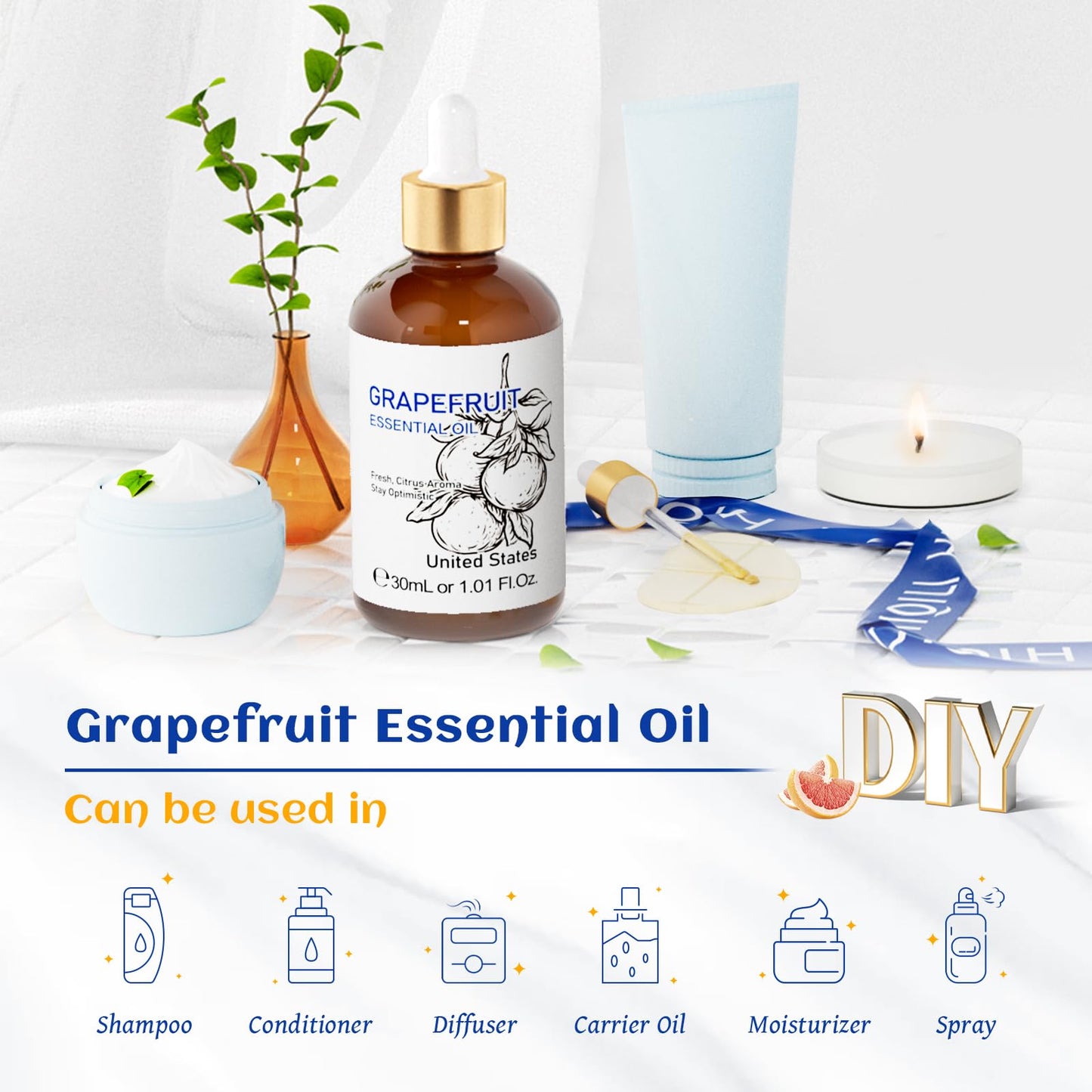 HIQILI Grapefruit Essential Oil 30 ml | Pure & Natural for Diffuser & Skin Care